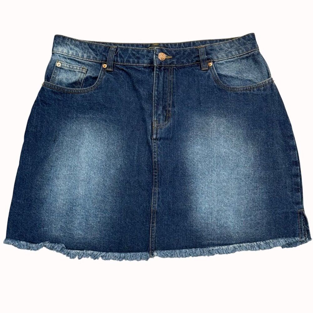Avenue Denim Skirt Size 14 Mini Classic Jean Blue Wash Frayed Hem Stretch Casual